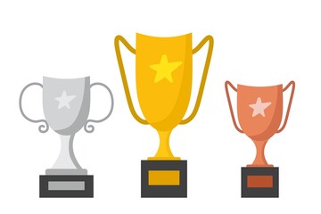 A set of winners cups in three colors. Gold, silver and bronze. Vector illustration in a flat style.