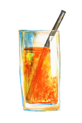 Orange juice in a glass with a straw. Watercolor cocktail illustration hand drawn isolated on white background