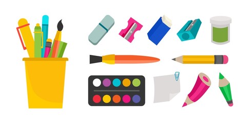 A set of school supplies, stationery, paints, brushes, sharpeners, pencils, eraser erasers. Vector illustration in a flat style.