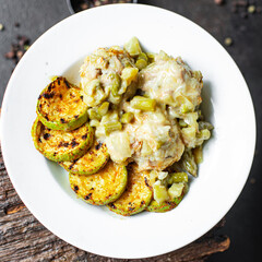 vegetable meatballs no meat grilled zucchini rice, vegetables Cooking, in plate on the table, healthy food meal snack copy space food background rustic  keto or paleo diet veggie vegan or vegetarian
