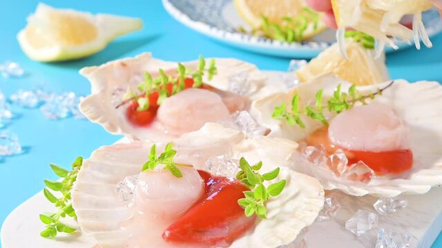 Chef preparing healthy gourmet food, seared scallops with caviar on on a beautiful dish in shellfish shells. A traditional dish of france and italy sea food. 