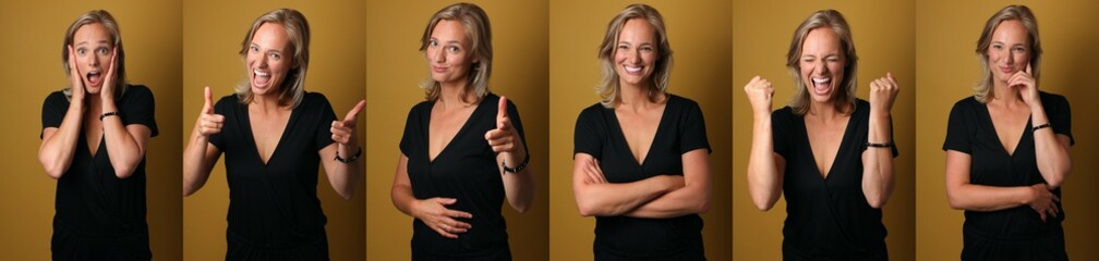 Beautiful young woman in front of a colored background being very happy