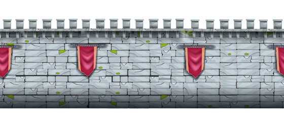 Ancient castle stone seamless background, brick medieval city wall, fortress gray cracked texture. Game fortification illustration, red standard, old town border. Stone wall architecture front view © Oleksandra