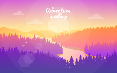 Mountain landscape. Tourist flyer,  background, booklet. Adventure, hiking, camping, vacation. Abstract landscape, Vector banner with polygonal landscape illustration, Minimalist style, Flat design