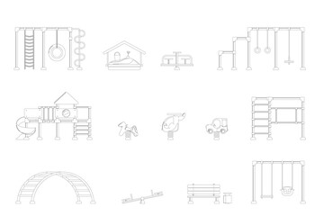 Kids playground. Set of black icons of playing equipment elements. City park concept. Vector illustration