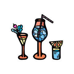 Set of color vector illustrations of glasses of cocktails with tubule, berries and orange. Lettering Bar Set. Icon for bar and club, logo, website, party, cafe menu, textile, postcard, bar menu.
