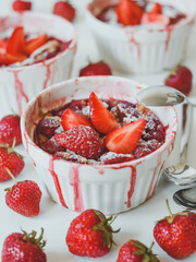 Homemade clafoutis with strawberries, a traditional summer French sweet fruit pie.