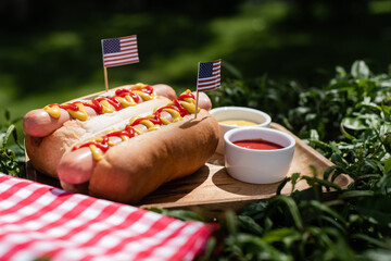 hot dogs with small usa flags near sauces and plaid table napkin on green grass - obrazy, fototapety, plakaty