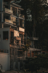 Sunset light reflecting off of construction site on the beach in Jamaica.