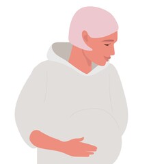 Pregnant woman. Smiling woman olds her hands on her stomach. Desire have baby. Future maternity concept flat vector illuctration. Female with pink hair in gray hoody.