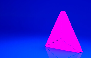 Pink Geometric figure Tetrahedron icon isolated on blue background. Abstract shape. Geometric ornament. Minimalism concept. 3d illustration 3D render