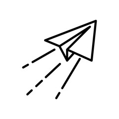 Flying away paper plane. Black vector outline pictogram isolated on white.