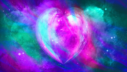 glowing heart shape colored moon texture with galaxy background