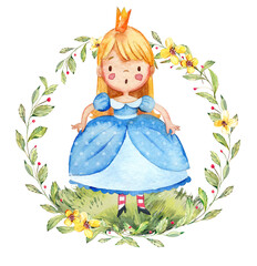 Watercolor illustration of a cute little princess in a blue dress. Little girl surrounded by watercolor floral wreath. Isolated