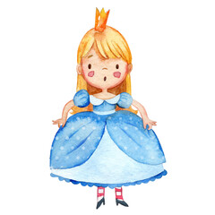 Watercolor illustration of a cute surprised little princess in a blue dress. Little blond girl illustration. Isolated on a white