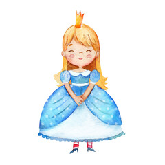 Watercolor illustration of a cute little princess in a blue dress. Little blond girl illustration. Isolated on a white