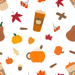 Fall vector flat pumpkin spice latte seamless pattern. Coffee latte cup, cocoa mug with marshmallow, orange pumpkins, autumn leaves on white background. Autumn mood illustration.