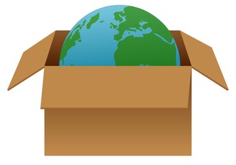 El planeta Tierra dentro de una caja de cartón marrón sobre fondo blanco. Desembalar © Gabrieuskal