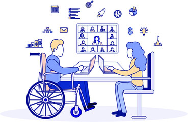 Inclusion and diversity concept. A man in a wheelchair is talking by videoconference in the office. Disabled businessman.