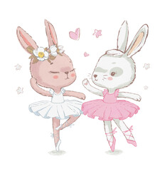 Two Adorable ballerina bunnyes illustration. White dancing rabbits illuatration. Can be used for t-shirt print, kids wear fashion design, baby shower invitation card.