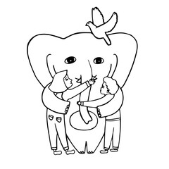 Isolated vector illustration black and white design of a cute elephant with children