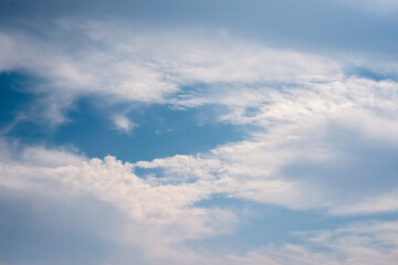 Scattered cloud clusters in a blue sky, blue sky background with white clouds,