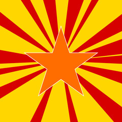 Star symbol on a background of red flash explosion radial lines. The large orange symbol is located in the center of the sun, symbolizing the sunrise. Vector illustration on yellow background