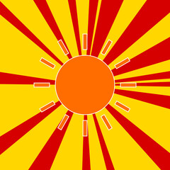 Sun on a background of red flash explosion radial lines. The large orange symbol is located in the center of the sun, symbolizing the sunrise. Vector illustration on yellow background