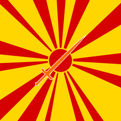 Sword symbol on a background of red flash explosion radial lines. The large orange symbol is located in the center of the sun, symbolizing the sunrise. Vector illustration on yellow background
