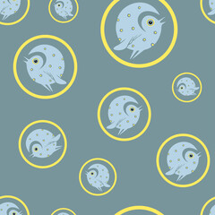 Blue spotted singing bird with tail up in a seamless pattern