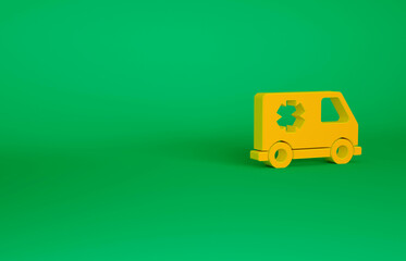 Orange Ambulance and emergency car icon isolated on green background. Ambulance vehicle medical evacuation. Minimalism concept. 3d illustration 3D render