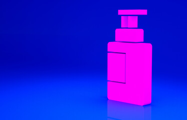 Pink Hand sanitizer bottle icon isolated on blue background. Disinfection concept. Washing gel. Alcohol bottle for hygiene. Minimalism concept. 3d illustration 3D render