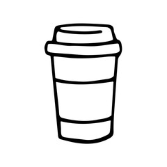 Take away coffee cup icon in doodle style. Vector sign coffee to go. Disposable plastic cup, fast food. Classic paper cup isolated on white background. Logo for coffee shop.