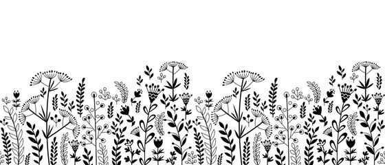 Seamless border with various plants, herbs and flowers. Doodle style. Only black.     