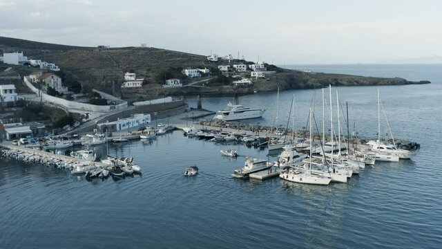 Greece, Kythnos Cyclades island. Aerial drone video of Loutra port marina.  Footage 4k.  