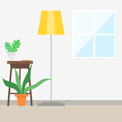 A living room with a table for flowers and lamps and a window to let in the light , illustration Vector EPS 10