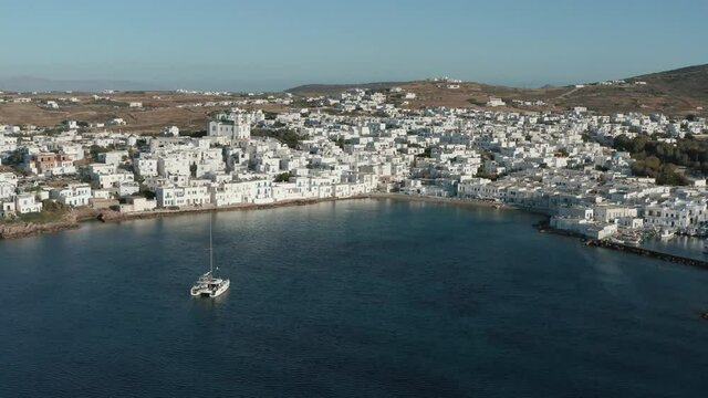 Paros island, Naousa cityscape aerial drone aerial drone video footage 4k.  
Greece, Cyclades.
