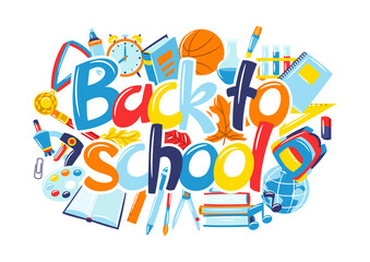School background with education items. Illustration of supplies and stationery.