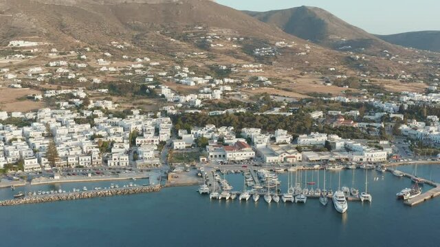 Paros, Parikia island capital city, cityscape and port aerial drone video footage 4k.  
Greece, Cyclades.
