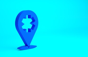 Obraz premium Blue Medical map pointer with cross hospital icon isolated on blue background. Minimalism concept. 3d illustration 3D render