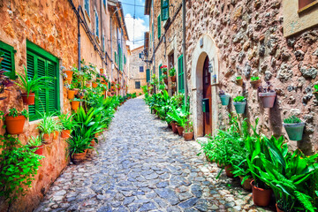Fototapeta na wymiar Charming old streets decorated by flowers. Mediterranean culture and traditional villages