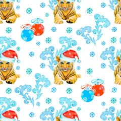 Seamless pattern with cute tiger cub, christmas hat, balls, winter patterns for christmas packaging, wallpaper, textiles. Watercolor