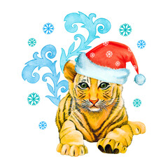 Watercolor illustration of a tiger cub with christmas hat and winter patterns on an isolated background for greeting card, print, poster, packaging, stickers, textiles. Oriental symbol zodiac of 2022