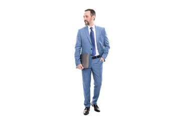 smiling boss walk with laptop. mature businessman full length. business success.