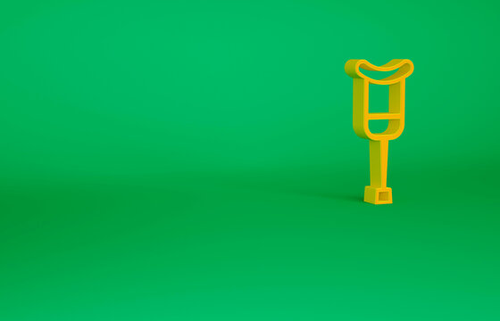 Orange Crutch or crutches icon isolated on green background. Equipment for rehabilitation of people with diseases of musculoskeletal system. Minimalism concept. 3d illustration 3D render