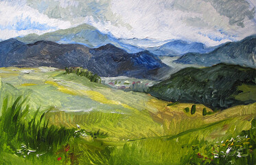 Landscape Oil Painting. The Oil Painting of the Mountains Landscape - 443698325