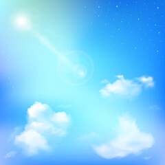 Realistic sun and stars design in blue sky. Peace and beauty, vector illustration.
