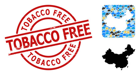 Climate collage map of China, and scratched red round Tobacco Free stamp seal. Geographic vector collage map of China is organized as subtraction from rounded square and randomized rain, cloud, sun,