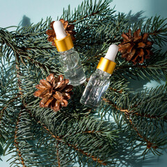 Essential oil of pine and spruce in small glass dropper bottles on a blue background. - obrazy, fototapety, plakaty