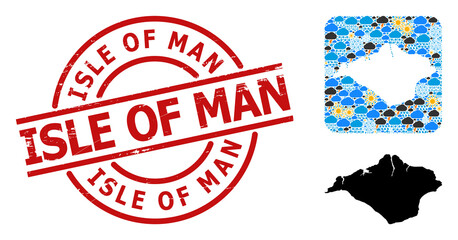 Climate collage map of Isle of Wight, and grunge red round Isle of Man badge. Geographic vector collage map of Isle of Wight is done as subtraction from rounded square and random rain, cloud, sun,